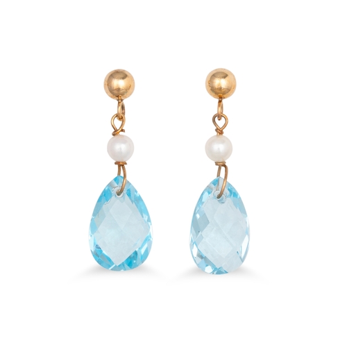 63 - A PAIR OF TOPAZ AND PEARL DROP EARRINGS, the pear shaped topaz to a pearl and yellow 9ct gold mounts