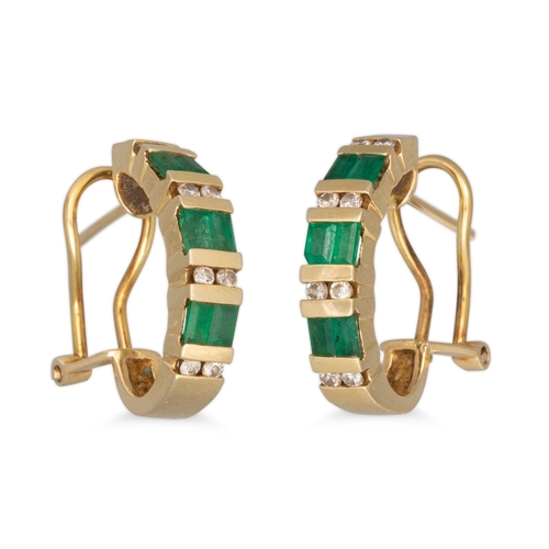 7 - A PAIR OF EMERALD AND DIAMOND HOOP EARRINGS, mounted in 14ct gold