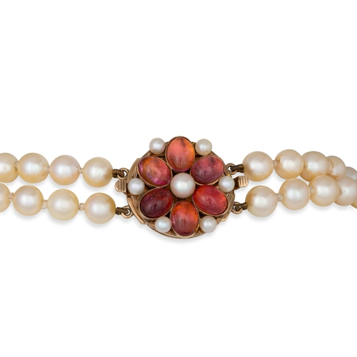 76 - A SET OF VINTAGE TWO ROWED PEARLS, with three interchangeable gem set clasps in 9ct gold, (one needs... 