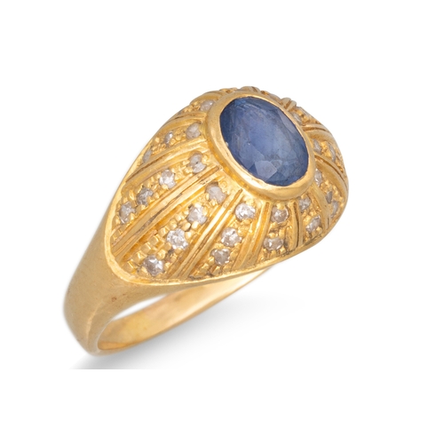 79 - A SAPPHIRE AND DIAMOND BOMBÉ RING, the oval sapphire to a raised diamond setting, mounted in 18ct ye... 