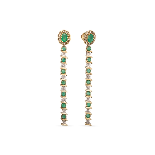 8 - A PAIR OF EMERALD AND DIAMOND DROP EARRINGS, mounted in gold