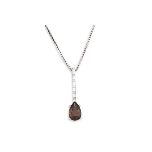 99 - A SUITE OF SMOKEY QUARTZ AND DIAMOND EARRINGS AND PENDANT, the pear shaped smoky quartz to diamond s... 