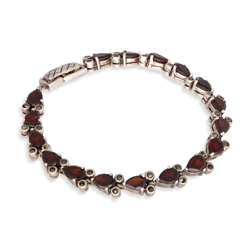 401 - A VINTAGE MARQUISE SILVER BRACELET, with garnets, together with a Victorian silver brooch