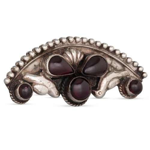 401 - A VINTAGE MARQUISE SILVER BRACELET, with garnets, together with a Victorian silver brooch