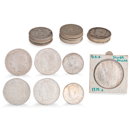 317 - 24 X AMERICAN MORGAN SILVER $1 COINS 1870s - 1921 plus 18 x 1964 Kennedy half dollar silver coins. 2... 