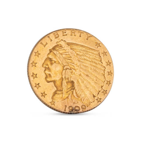 309 - 1909 AMERICAN QUARTER EAGLE GOLD COIN, $2.50 Indian Head 4.1g .900 VF