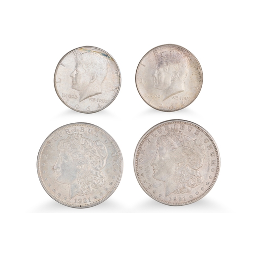 316 - 6 X AMERICAN MORGAN SILVER $1 COINS 1880s - 1921 plus 12 x 1964 Kennedy half dollar silver coins. 29... 