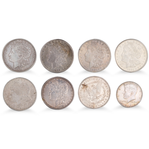 317 - 24 X AMERICAN MORGAN SILVER $1 COINS 1870s - 1921 plus 18 x 1964 Kennedy half dollar silver coins. 2... 