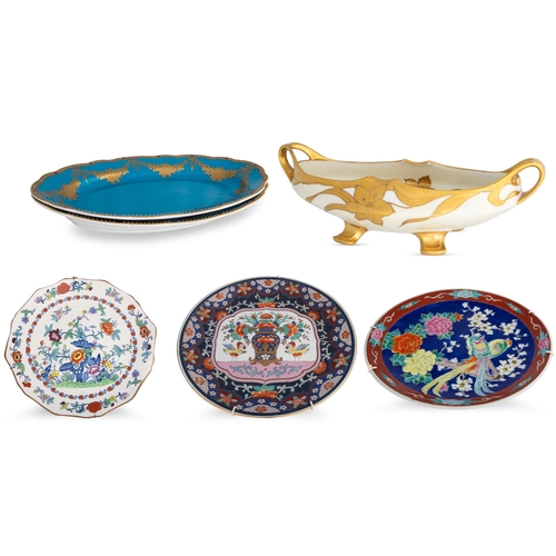 387 - A COLLECTION OF CERAMIC PLATES, two Japanese, one floral design and two French blue serving trays