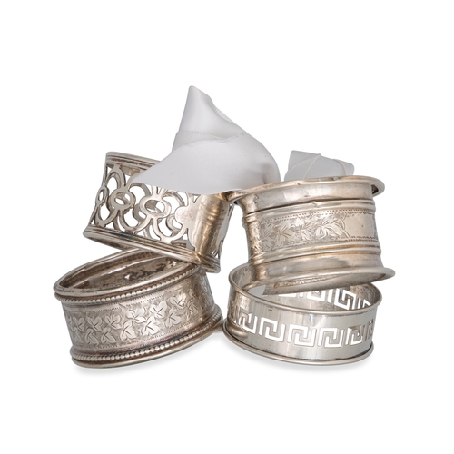 394 - SIX NAPKIN RINGS, 2 hallmarked silver, and a photo frame