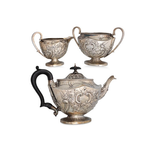 476 - A SILVER THREE PIECE VICTORIAN TEA SET, chased & engraved repoussé design, London 1898, West & Sons,... 