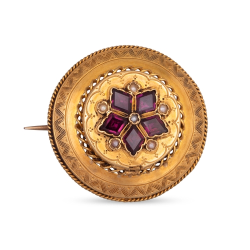 481 - A VICTORIAN GARNET AND PEARL BROOCH, mounted in 15ct gold, 9.5 g.