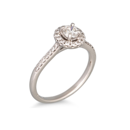 157 - A DIAMOND SET HALO CLUSTER RING, the centre diamond to diamond shoulders, mounted in white gold, tog... 