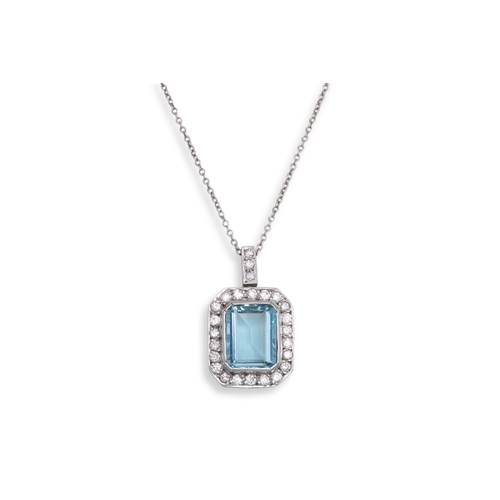 167 - AN AQUAMARINE AND DIAMOND CLUSTER PENDANT, mounted in platinum, to diamond set bail. Estimated: weig... 