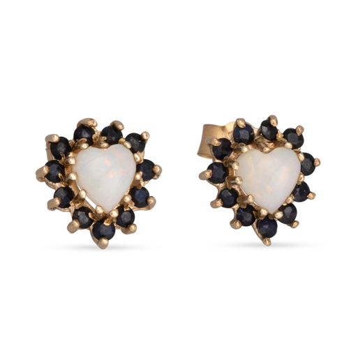 183 - A PAIR OF OPAL AND SAPPHIRE CLUSTER EARRINGS, the heart shaped opal mounted in yellow gold