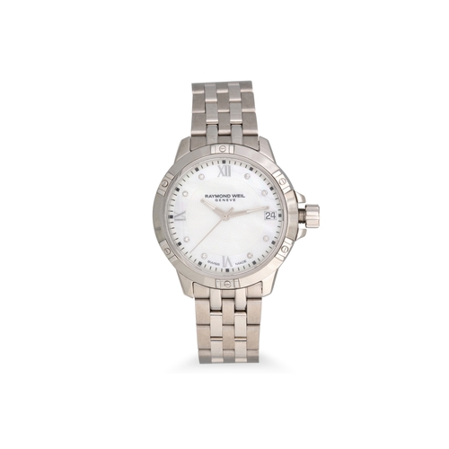 382 - A LADY'S RAYMOND WEIL WRISTWATCH, mother-of-pearl face, diamond dot markers, stainless strap, box & ... 