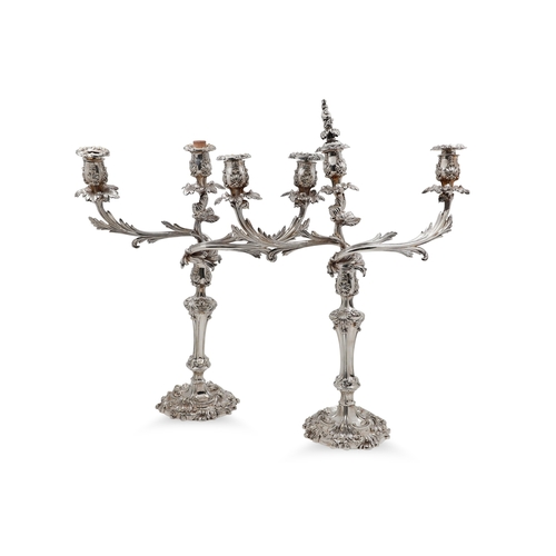 386 - A PAIR OF IMPRESSIVE SILVER PLATED CANDELABRAS, three branch, circa 24