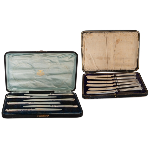 388 - A PRE-WAR SET OF SILVER HANDLED KNIVES, cased and one from Weir's, Dublin