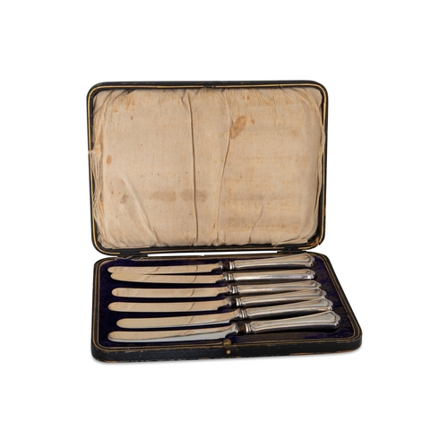 388 - A PRE-WAR SET OF SILVER HANDLED KNIVES, cased and one from Weir's, Dublin