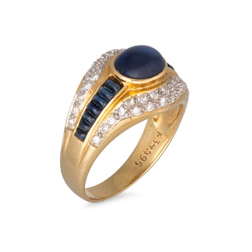 123 - A DIAMOND AND SAPPHIRE RING, the cabochon cut sapphire to sapphire and diamond surround and shoulder... 