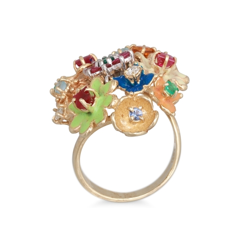 157 - A RUBY, EMERALD AND AQUAMARINE MULTI CLUSTER RING, of floral form, enamel decoration, mounted in 14c... 