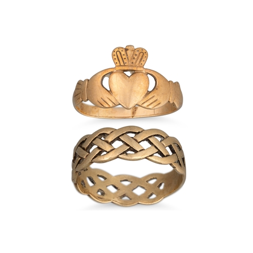 197 - THREE 9CT YELLOW GOLD CLADDAGH RINGS, together with a 9ct gold Celtic band ring, 10.9 g. gross weigh... 