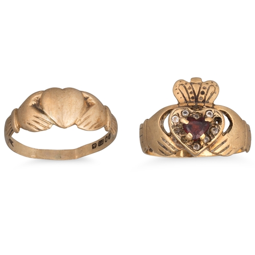 197 - THREE 9CT YELLOW GOLD CLADDAGH RINGS, together with a 9ct gold Celtic band ring, 10.9 g. gross weigh... 