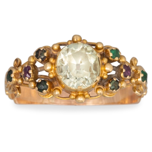 238 - AN ANTIQUE GREEN CHRYSOBERYL SET DRESS RING, mounted in 14 ct gold, size R