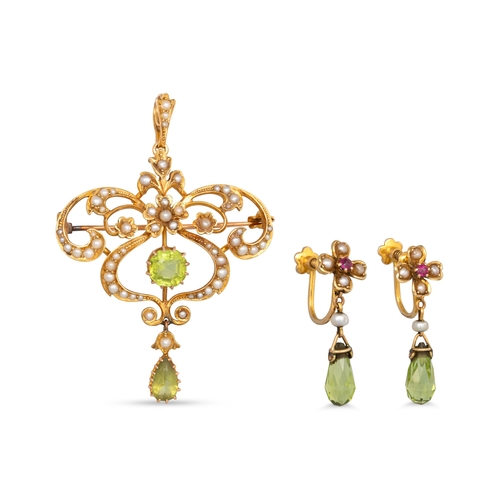 239 - A PERIDOT AND SEED PEARL PENDANT, with a matching pair of earrings, both mounted in 15ct gold, gross... 