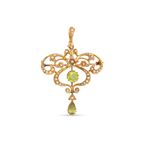 239 - A PERIDOT AND SEED PEARL PENDANT, with a matching pair of earrings, both mounted in 15ct gold, gross... 