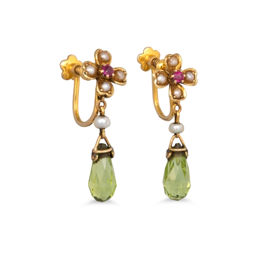 239 - A PERIDOT AND SEED PEARL PENDANT, with a matching pair of earrings, both mounted in 15ct gold, gross... 