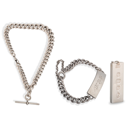 406 - A VINTAGE HEAVY SILVER GRADUATED CURB LINK ALBERT & T-BAT, together with a silver ingot pendant and ... 