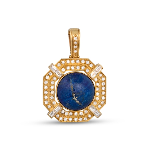 43 - A LAPIS LAZULI, DIAMOND AND GOLD PENDANT, of octagonal form, the large lapus lazuli cabochon stone t... 