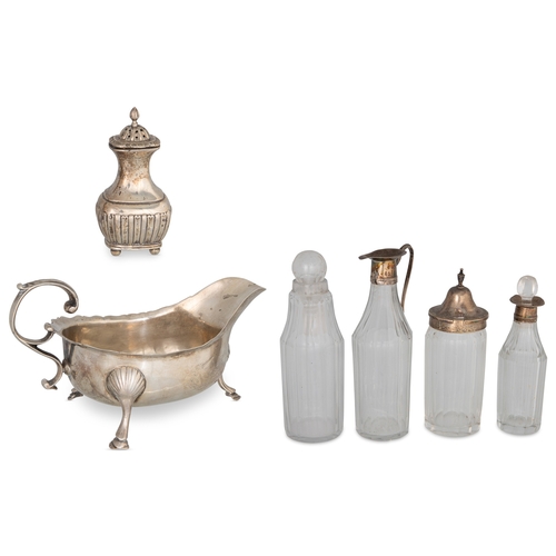 433 - AN INTERESTING LOT COMPRISING, an antique silver helmet shaped sauce boat, a George III silver cruet... 