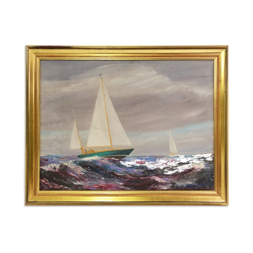 481 - GEORGE MCCONKEY (20th Century) Sailing on Irish Sea, oil on board, 31 x 23