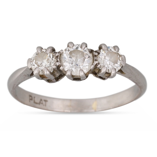 1 - AN ANTIQUE THREE STONE DIAMOND RING, mounted in platinum. Estimated: weight of diamonds: 0.65 ct, si... 