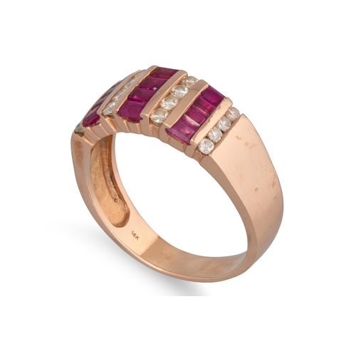 107 - A DIAMOND AND RUBY RING, alternating rows of rubies and diamonds, mounted in 14ct yellow gold, weigh... 