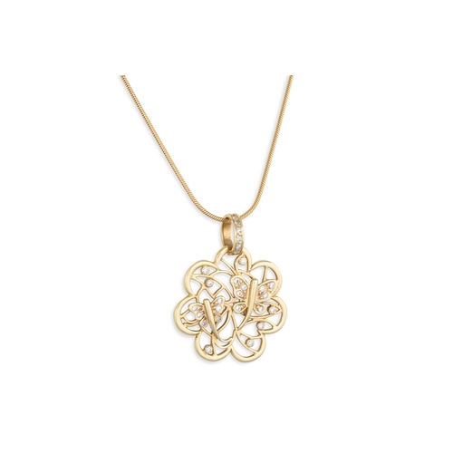 114 - A DIAMOND SET PENDANT AND CHAIN, applied motifs with butterflies, in 14ct yellow gold. Estimated: we... 