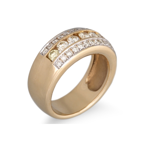 115 - A THREE ROWED DIAMOND RING, set with fancy yellow & white diamonds, mounted in 14ct yellow gold. Est... 