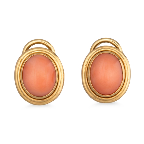 119 - A PAIR OF CORAL STUD EARRINGS, to 18ct yellow gold surrounds