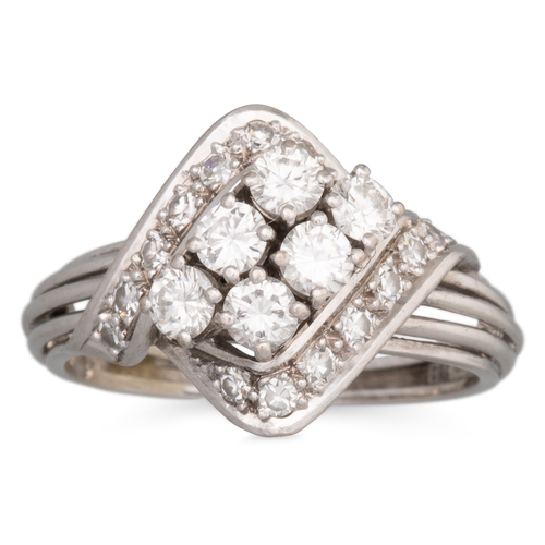 128 - A DIAMOND CLUSTER RING, the two rows of off-set diamonds to diamond surround, mounted in 18ct white ... 