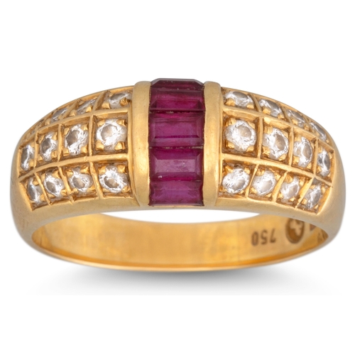 134 - A RUBY AND DIAMOND BOMBÉ RING, the channel set rubies to diamond sides, mounted in 18ct yellow gold.... 