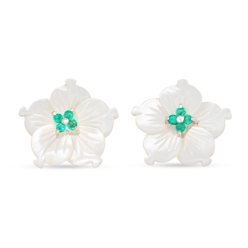 143 - A PAIR OF MOTHER-OF-PEARL AND EMERALD FLORAL CLUSTER EARRINGS, mounted in white gold