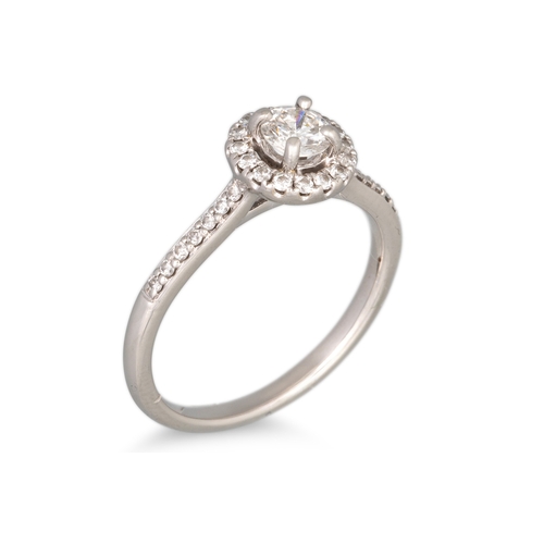 161 - A DIAMOND SET HALO CLUSTER RING, the centre diamond to diamond shoulders, mounted in white gold, tog... 