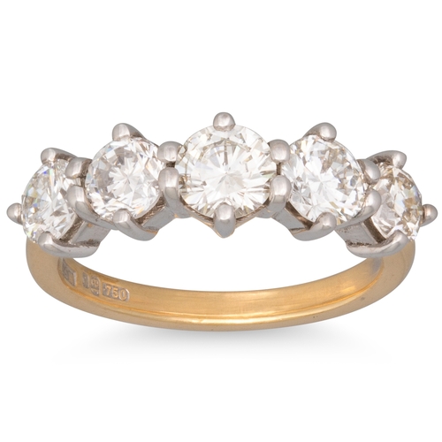 162 - A FIVE STONE DIAMOND RING, the brilliant cut diamonds mounted in yellow gold. Estimated: weight of d... 