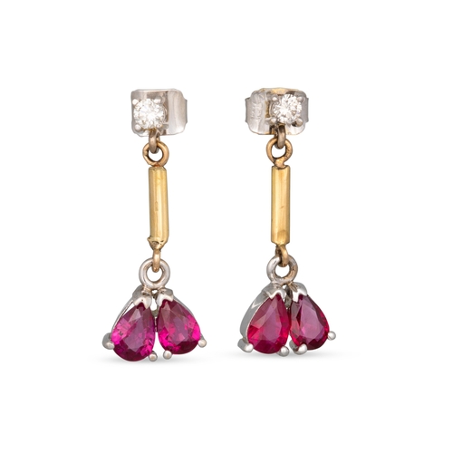 166 - A PAIR OF RUBY AND DIAMOND DROP EARRINGS, each comprising two pear shaped rubies suspended from a di... 