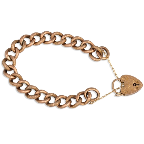 17 - AN ANTIQUE GOLD CURB LINK BRACELET, padlock clasp, engraved decoration and safety chain, 22 g.