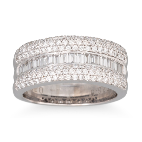 173 - A THREE ROWED DIAMOND RING, pavé set and baguette cut diamonds, in 18ct white gold. Estimated: weigh... 