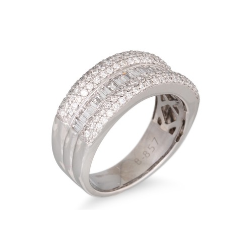 173 - A THREE ROWED DIAMOND RING, pavé set and baguette cut diamonds, in 18ct white gold. Estimated: weigh... 