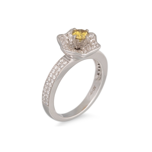 175 - A DIAMOND FLOWER CLUSTER RING, set with a fancy yellow diamond to centre, pavé surround, in 18ct whi... 